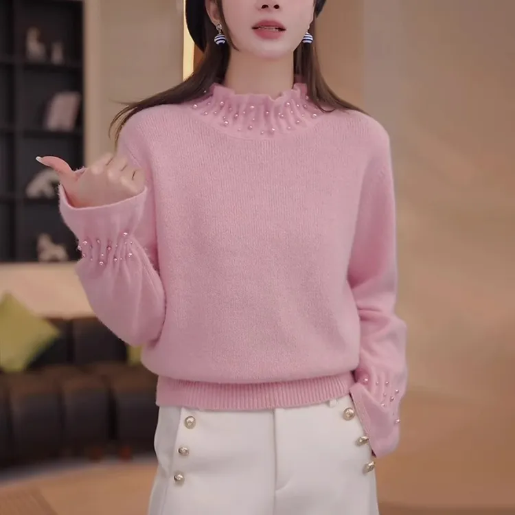 粉色半高领钉珠毛衣女秋冬慵懒高级感宽松洋气内搭打底针织衫上衣