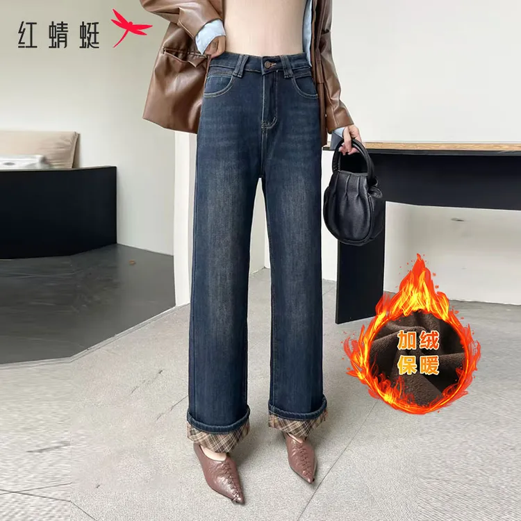 红蜻蜓2025冬季加厚加绒直筒牛仔裤条纹格显瘦宽松复古蛋卷裤SZ