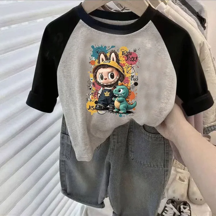 拉布布t恤长袖儿童上衣卡通秋季Labubu男女童宝宝紫色打底衫T恤衫