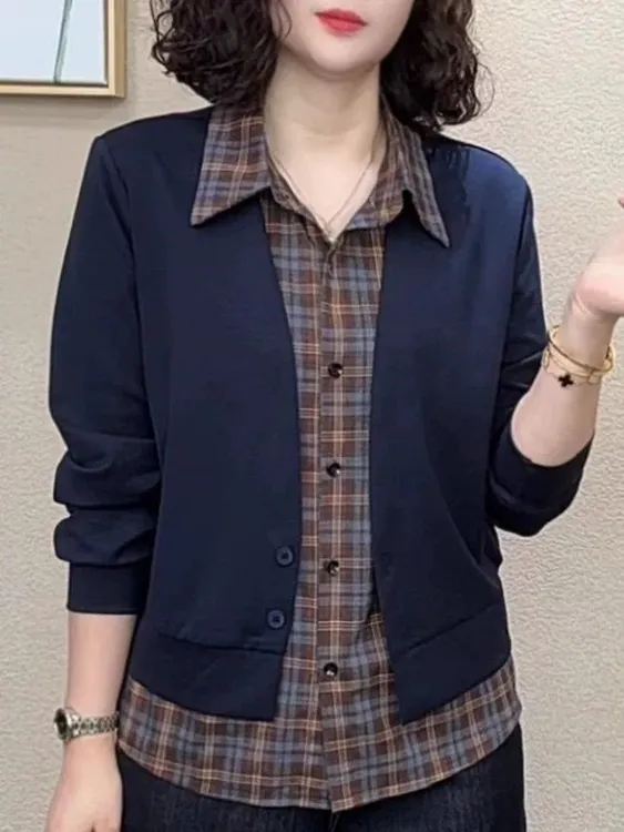 时尚假两件翻领打底衫女2025秋季妈妈装长袖小衫洋气拼色宽松上衣