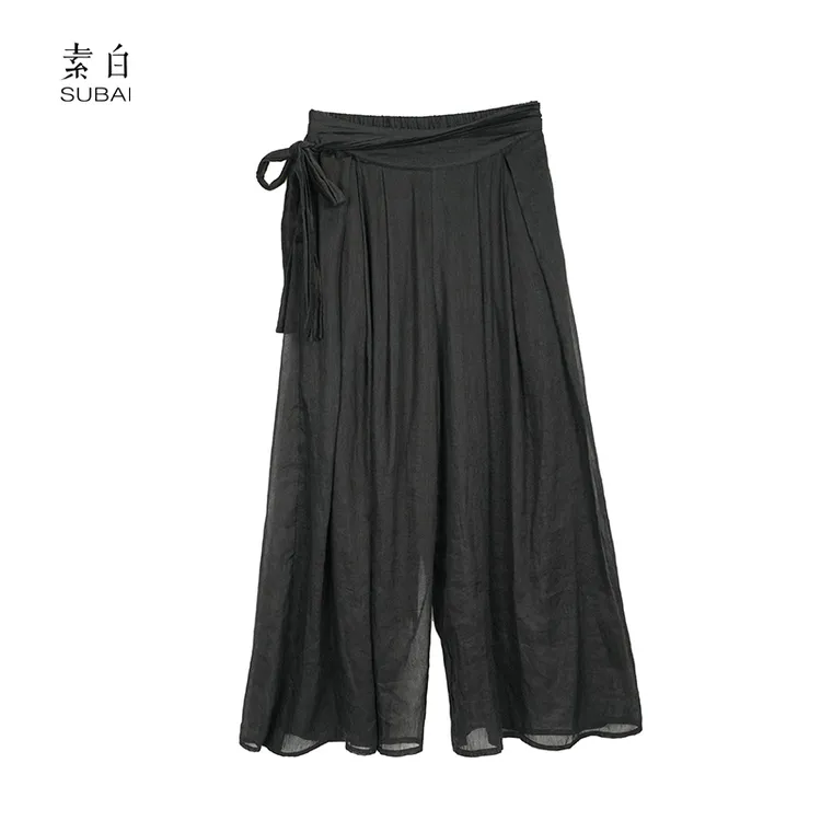 素白【暗里着迷】桑蚕丝气质百搭松紧腰显瘦绑带阔腿裤SB22SSK2585