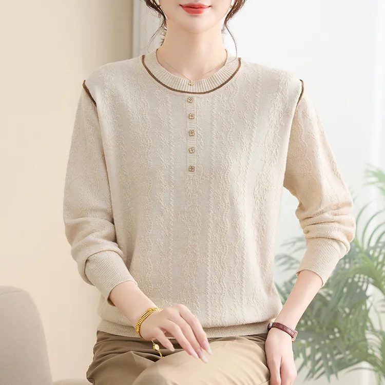 【妞妞专属】大唐夫人时尚针织衫女装长袖宽松直筒型圆领洋气法式
