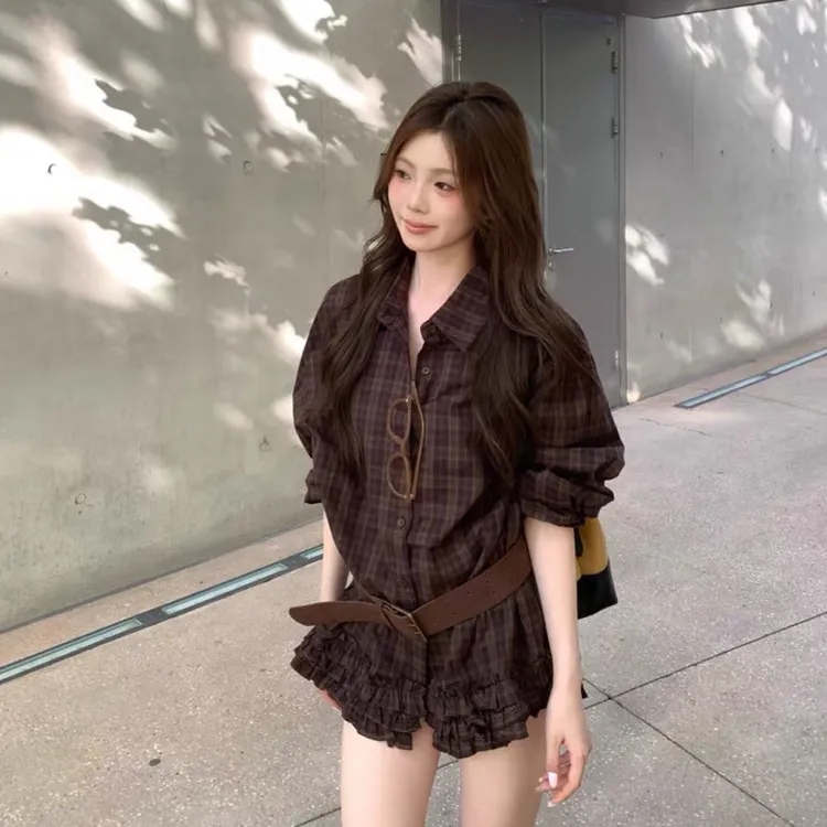 早秋新款韩系木耳边格子收腰显瘦长袖衬衫配腰带
