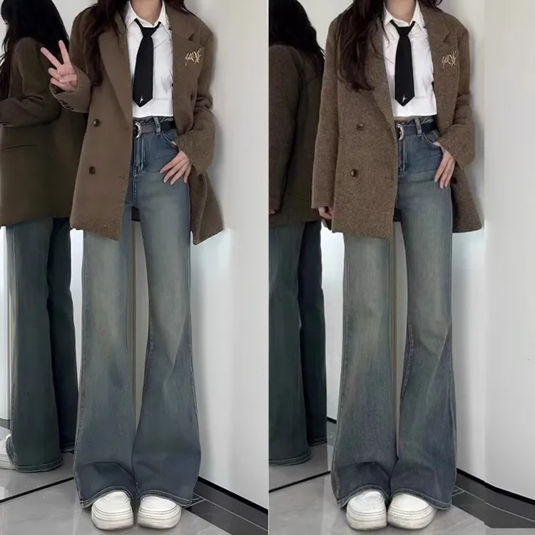 复古蓝不贴腿微喇牛仔裤女2025春夏款大码胖mm高腰显瘦直筒喇叭裤