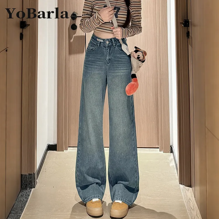 复古蓝直筒牛仔裤女冬季加绒梨形身材胖mm大码显瘦高腰宽松阔腿裤