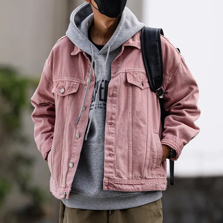 阿苏特染牛仔外套男士春季情侣粉色水洗宽松休闲夹克男装大码上衣