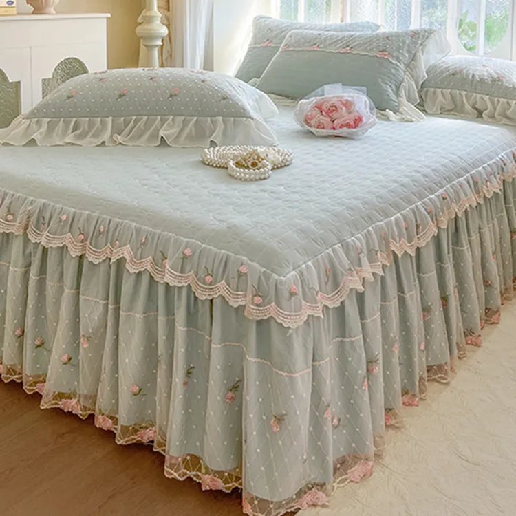 甜美治愈系韩式公主风加厚蕾丝床裙防滑纯色床罩裙式夹棉花边床盖