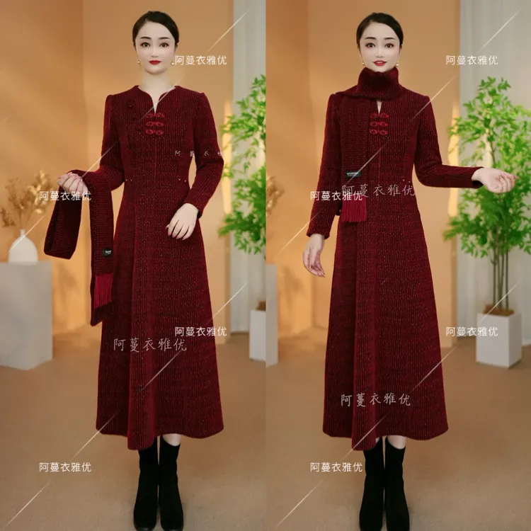 【衣雅严选】8101-2426#加绒软精仿混纺彩虹线围巾两件套连衣裙