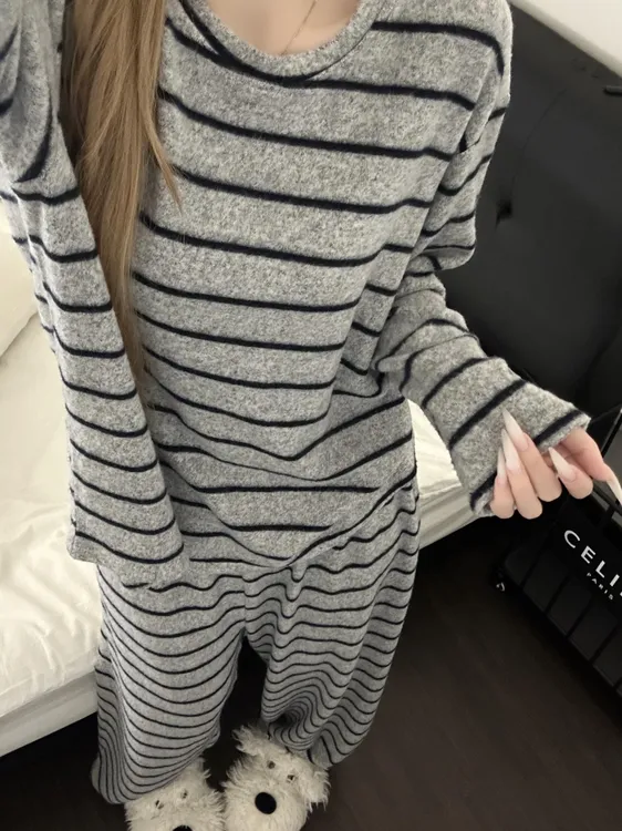 简约条纹舒适德绒睡衣女款2025春秋冬季宽松可外穿家居服套装ins