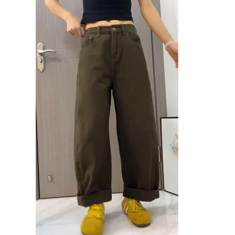 新款设计感百搭半松紧腰牛仔裤女梨形身材纯色宽松韩版阔腿哈伦裤