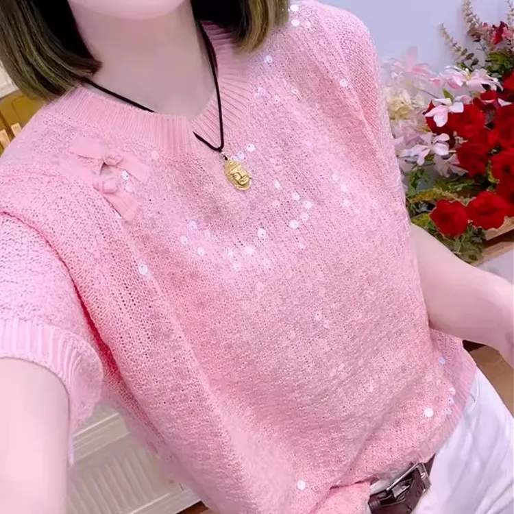 欧洲站独特别致冰丝针织短袖女2025夏季新款时尚气质薄款t恤上衣