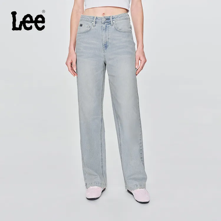 Lee25早秋428懒懒裤舒适高腰直脚琥珀流光设计浅蓝色女牛仔裤潮流