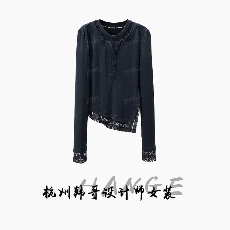 【韩哥女装】2025秋冬新品《璎珞系列》黑色拼接蕾丝高弹上衣10098-A3