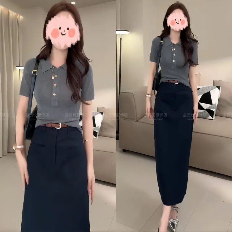 洋气衣服女2025夏季短袖翻领T恤POLO衫上衣百搭半身裙休闲套装女