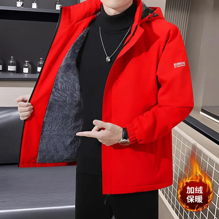 男士加绒保暖外套冬季新款宽松潮流连帽大码休闲本命年红色外套