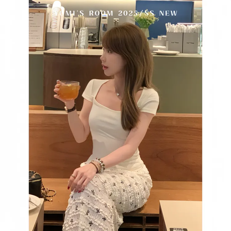 YOMI小个子【人手一件】莱赛尔正肩通勤百搭休闲短袖T恤上衣女夏季