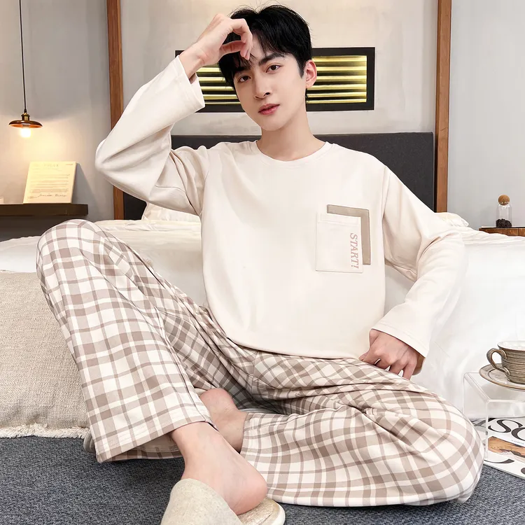 2025年新款春秋季棉质睡衣男秋冬长袖青少年可外穿学生家居服套装