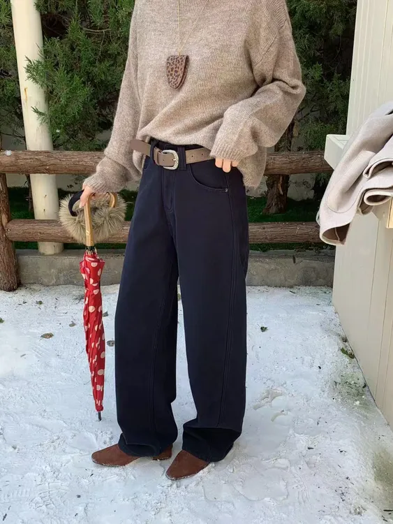 藏蓝色牛仔裤2025年冬季新款复合绒绒超柔弹力高腰显瘦弯刀裤百搭