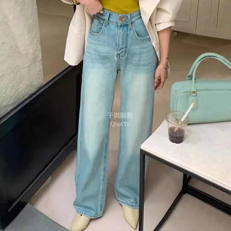 千与QianYu#直筒牛仔裤水洗翡翠绿牛仔裤高腰直筒牛仔裤