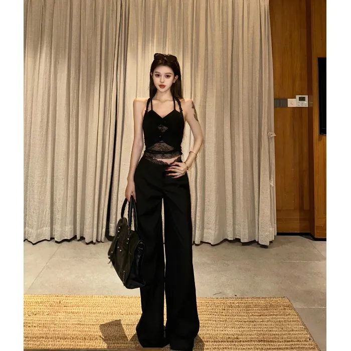 蕾丝拼接扭结纯欲露背挂脖背心女夏季设计感套装休闲西装裤两件套