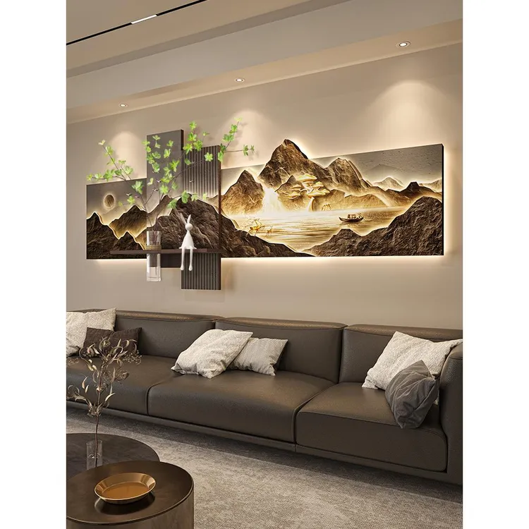 大气聚宝盆山水画客厅挂画寓意好肌理感立体壁画沙发背景墙装饰画