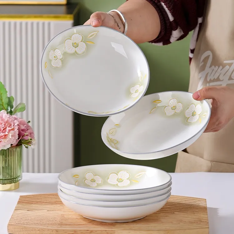 句途金枝玉叶6个8英寸盘子圆盘饭盘加厚防烫家用釉下彩手绘菜盘子