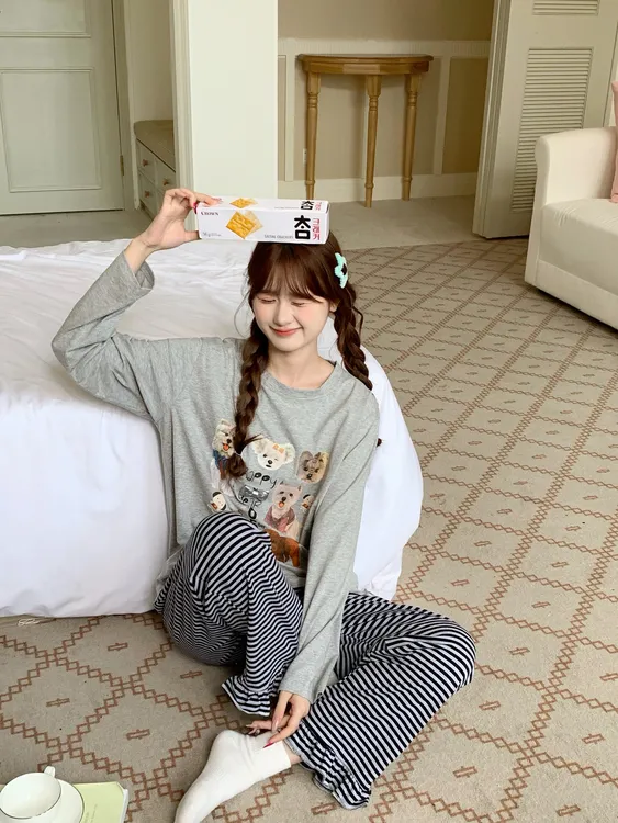 卡通印花狗狗条纹花边长袖长裤韩系ins睡衣抗菌棉家居服套装