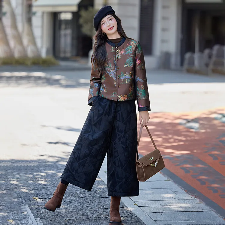 新中式羽绒服女装2025冬季新款复古印花白鸭绒长裤子两件套