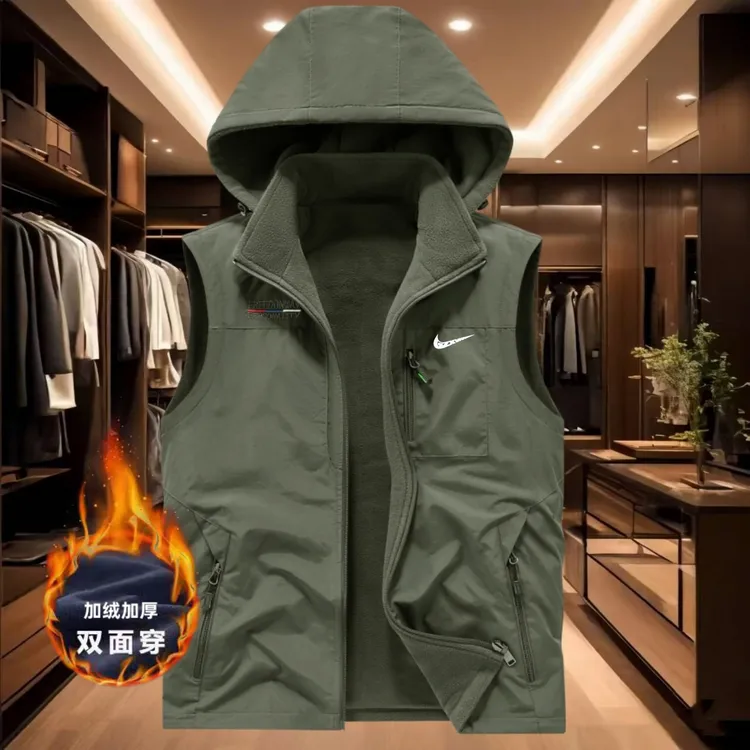 奥莱秋冬两面穿马甲男加绒加厚保暖户外坎肩上衣可拆卸帽运动外套