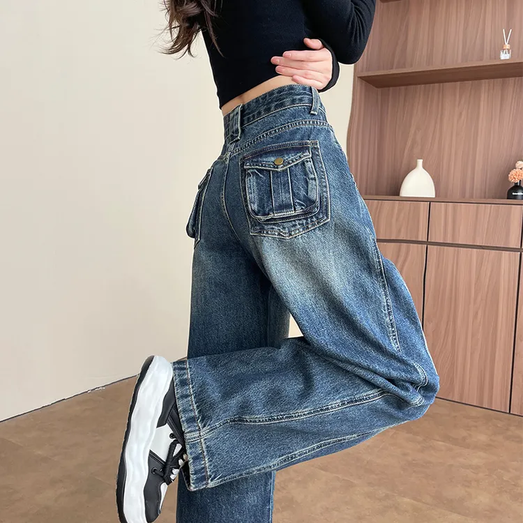 复古水洗拼接弯刀阔腿牛仔裤女长裤春秋季新款高腰显瘦宽松裤子