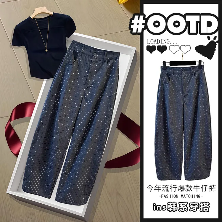 复古波点直筒阔腿裤女2025夏季宽松小众高腰垂感休闲弯刀长裤子潮