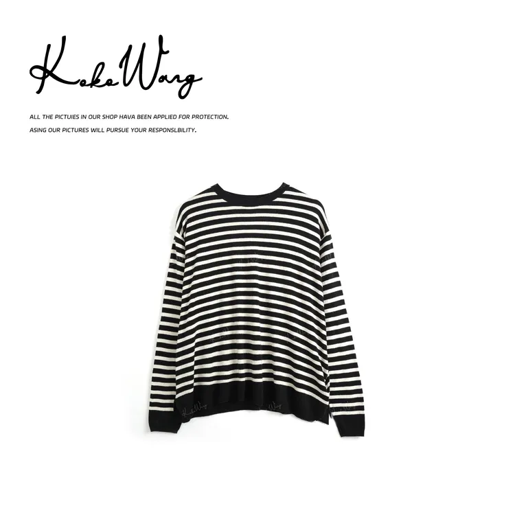 KOKO WANG秋冬新款100桑蚕丝宽松球球纱条纹针织衫N7175I03T01