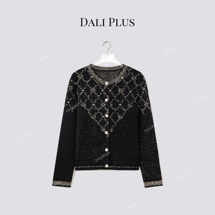 DALI PLUS“100羊毛碎金菱形纹毛衣”高级小香风针织开衫-D5CH5445