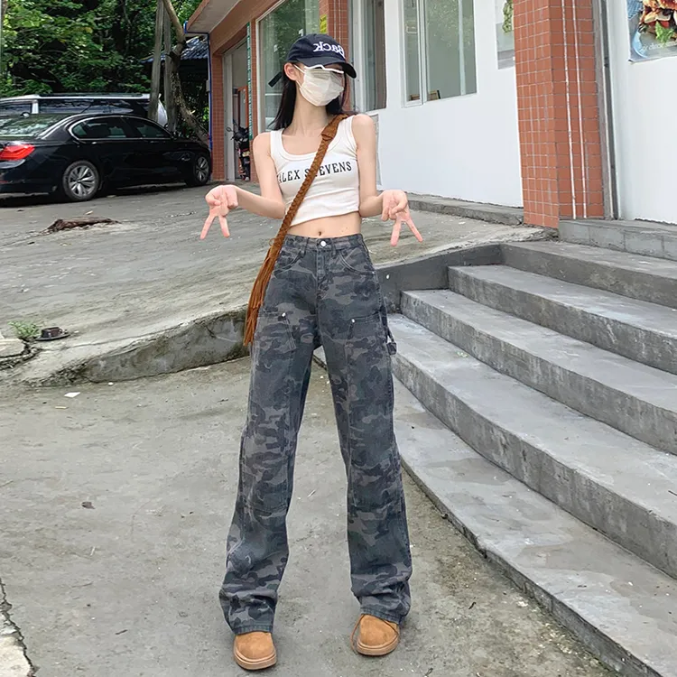 工装牛仔裤女夏季新款2022年美式复古街头嘻哈宽松显瘦休闲阔腿裤