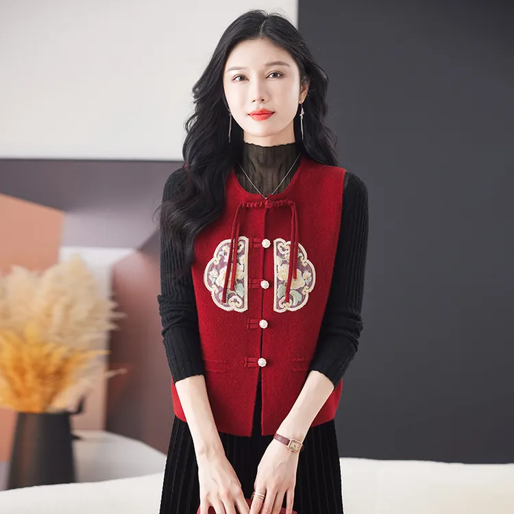品牌羊毛衫女开衫中式国风刺绣针织马甲宽松外穿毛衣无袖坎肩马夹