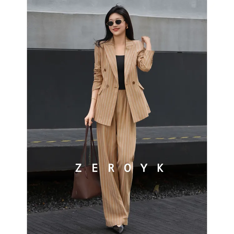 ZEROYK翎蔻 2026早春新款老钱风气质亚麻撞色条纹西服长裤两件套