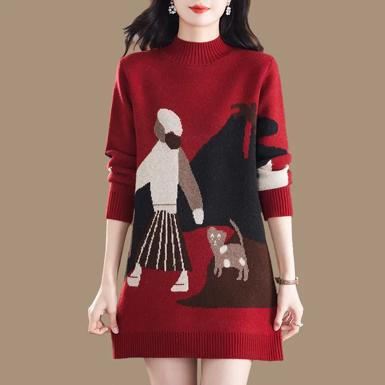 高端提花半高领毛衣女中长款秋冬新款大码宽松洋气加厚针织打底衫