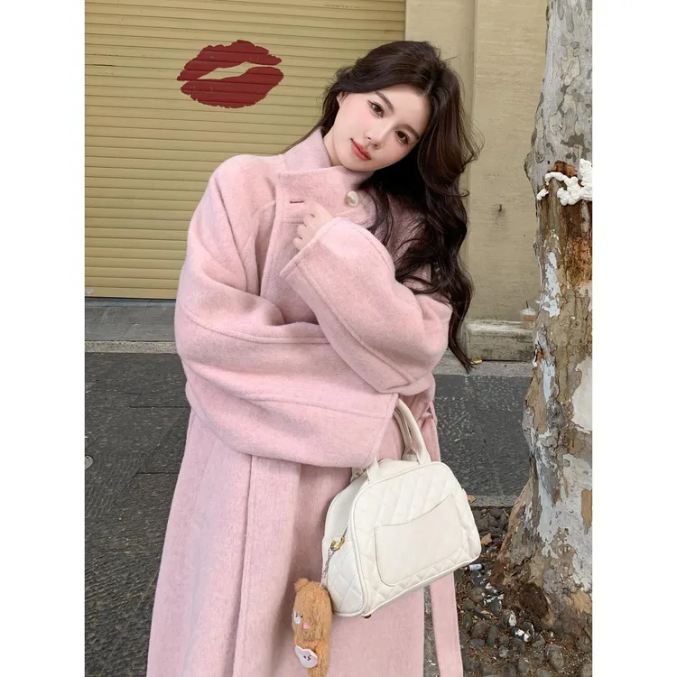 富家千金感粉色双面羊毛大衣女25秋小个子高级感中长款毛呢外套冬