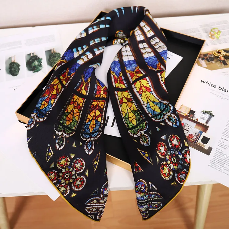 新品 重磅20姆米桑蚕丝巴拿绸90方巾经典玫瑰花窗真丝围巾披肩