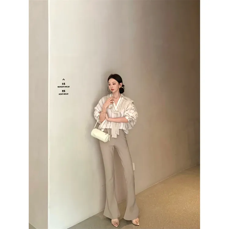 松弛慵懒套装条纹休闲衬衫上衣外搭披肩高腰长裤套装