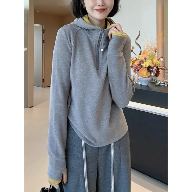 双面绒加厚半拉链连帽撞色卫衣女2025冬季新款时尚百搭显瘦上衣潮