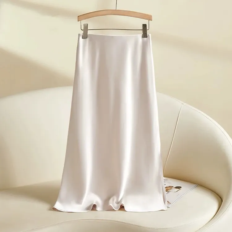 【松紧腰+拉链+侧开叉】珠光缎面a字裙气质高品质长裙半身裙
