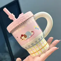 【圆和圈】出口尾单 小狗系列 粉格纹带盖吸管杯 办公喝水杯陶瓷杯