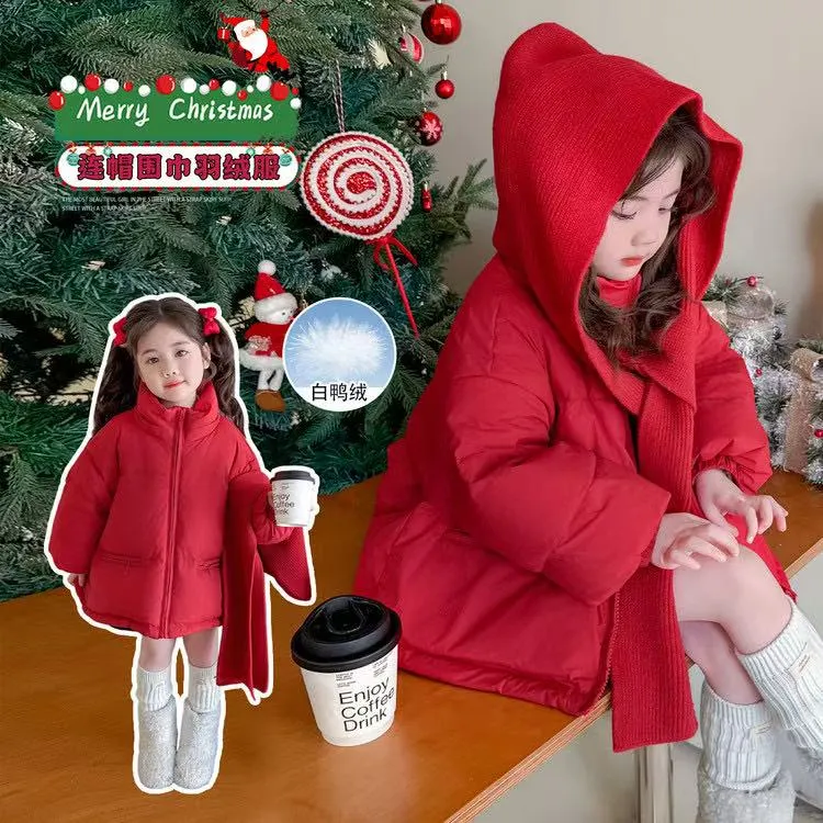 女童毛线披肩连帽羽绒服冬季2025新款韩系儿童冬季白鸭绒加厚外套