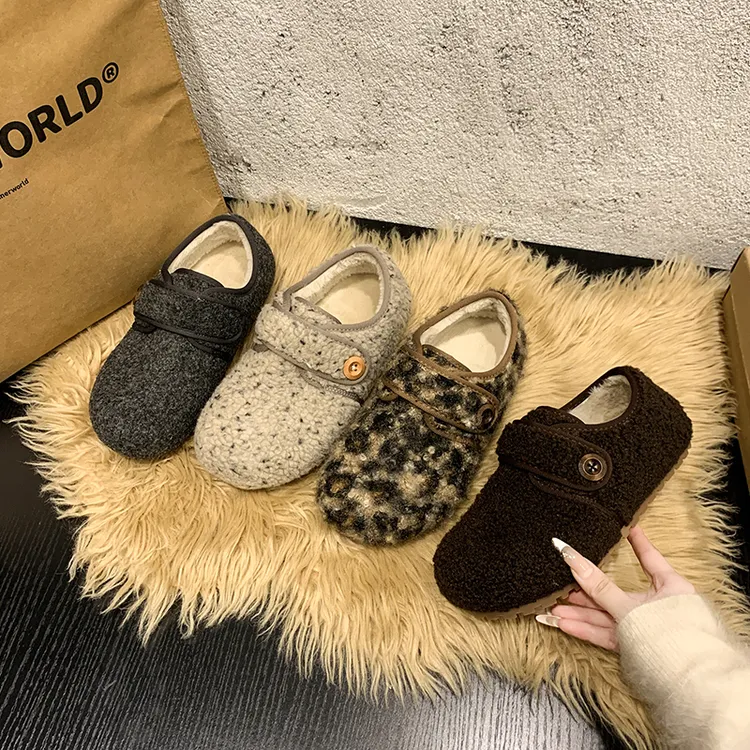 小众设计圆头毛毡加绒勃肯鞋女2025秋冬新款内增高格纹保暖韩系