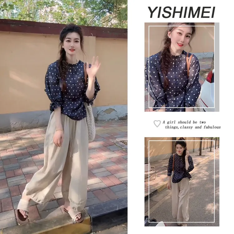 夏季穿搭女2025新款薄款时尚波点圆领中长袖上衣休闲阔腿裤套装