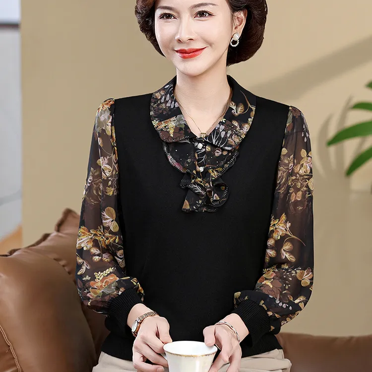 妈妈装洋气长袖雪纺上衣中老年女秋冬宽松大码翻领薄款纱袖打底衫