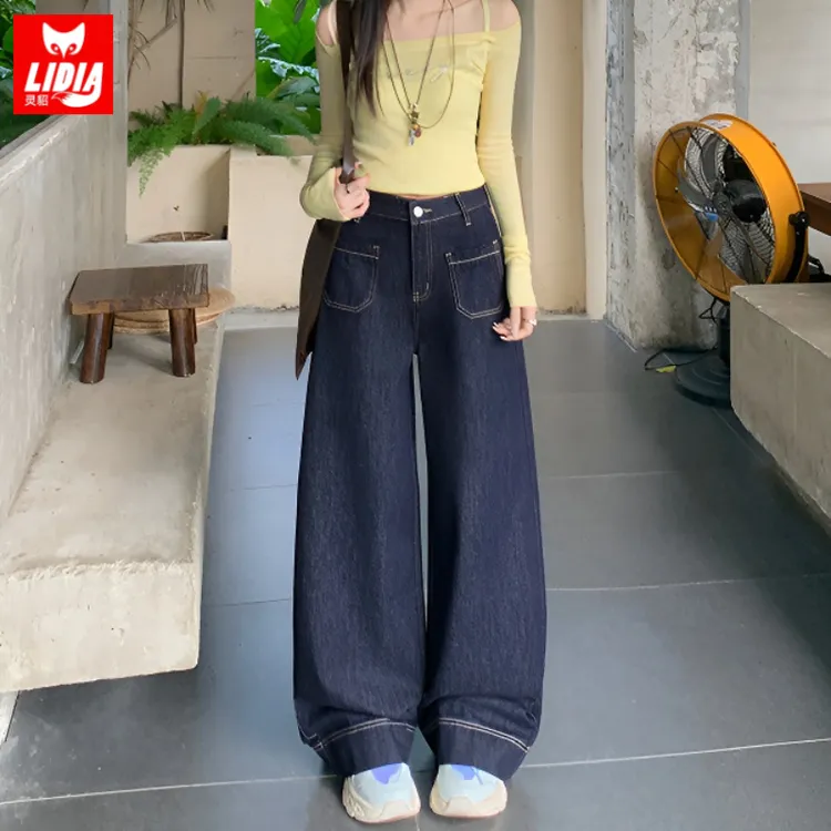 美式丹宁色阔腿牛仔裤女装2025秋季新款高腰宽松显瘦百搭直筒裤子