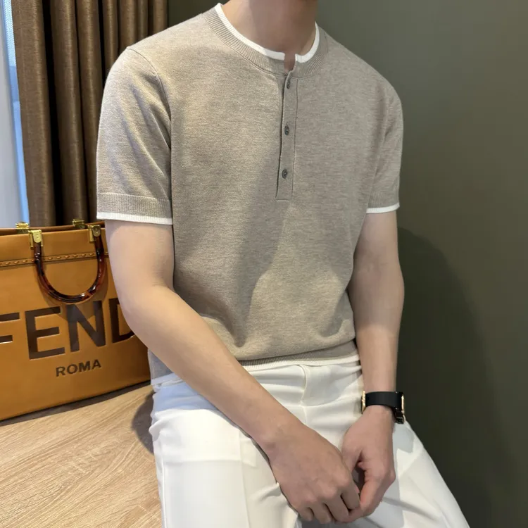 WUSHE物社夏季【羊毛混纺】亲肤透气男士休闲针织T恤时尚短袖打底衫