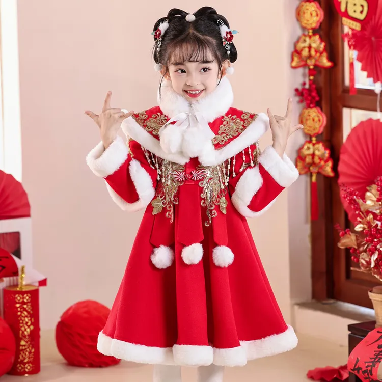 女童拜年服冬季厚款古装汉服洋气连衣裙女孩新年唐装宝宝喜庆衣服